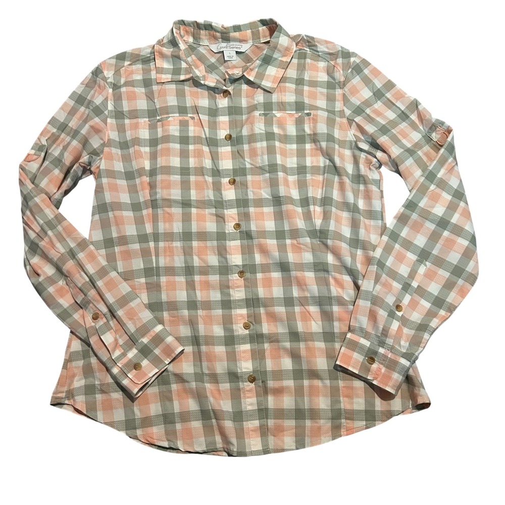 Gander Mountain Guide Series Large Plaid Vented Hiking Fishing Shirt Peach Grey‎